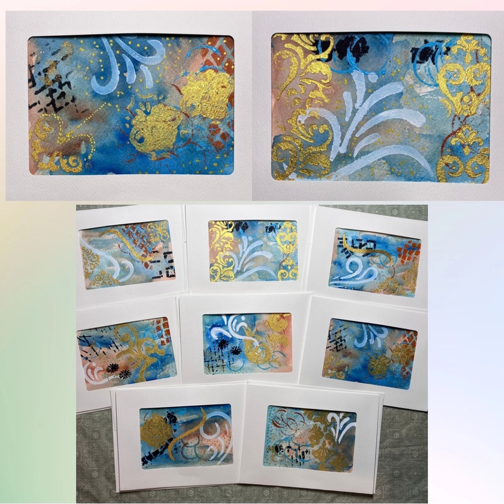 Hand Painted Frameable De Fleur Abstract Watercolor Blank Greeting Card Set of 8